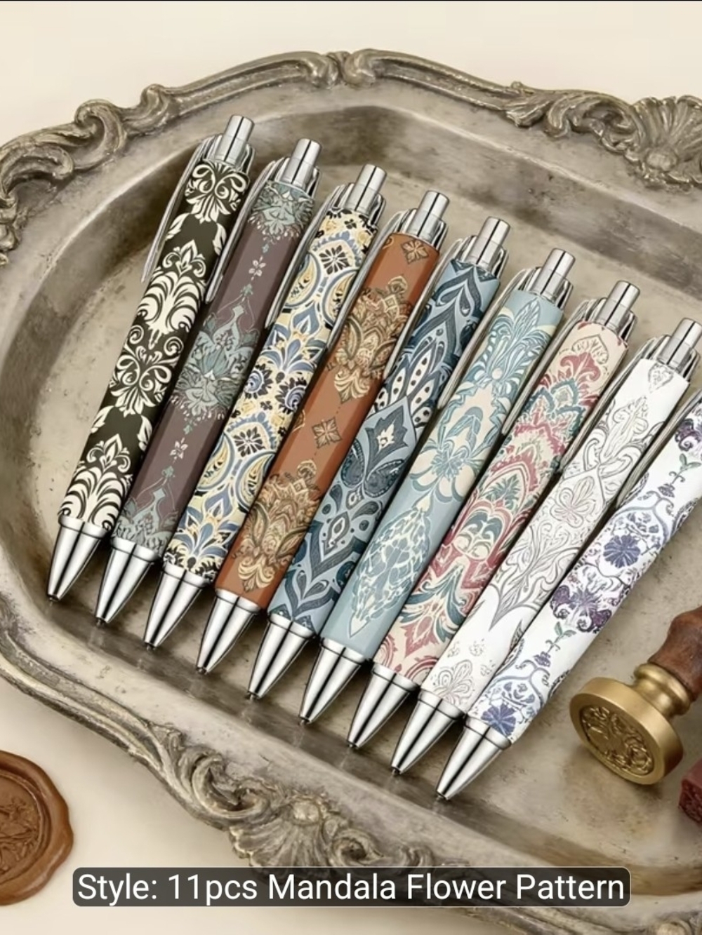 Set of 11 Mandala Flower Pattern Ballpoint Pens - Mixed Colors